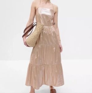 Gap Tiered Metallic Gold Maxi Length Strappy Back Dress sz XL Chic Coastal Beach